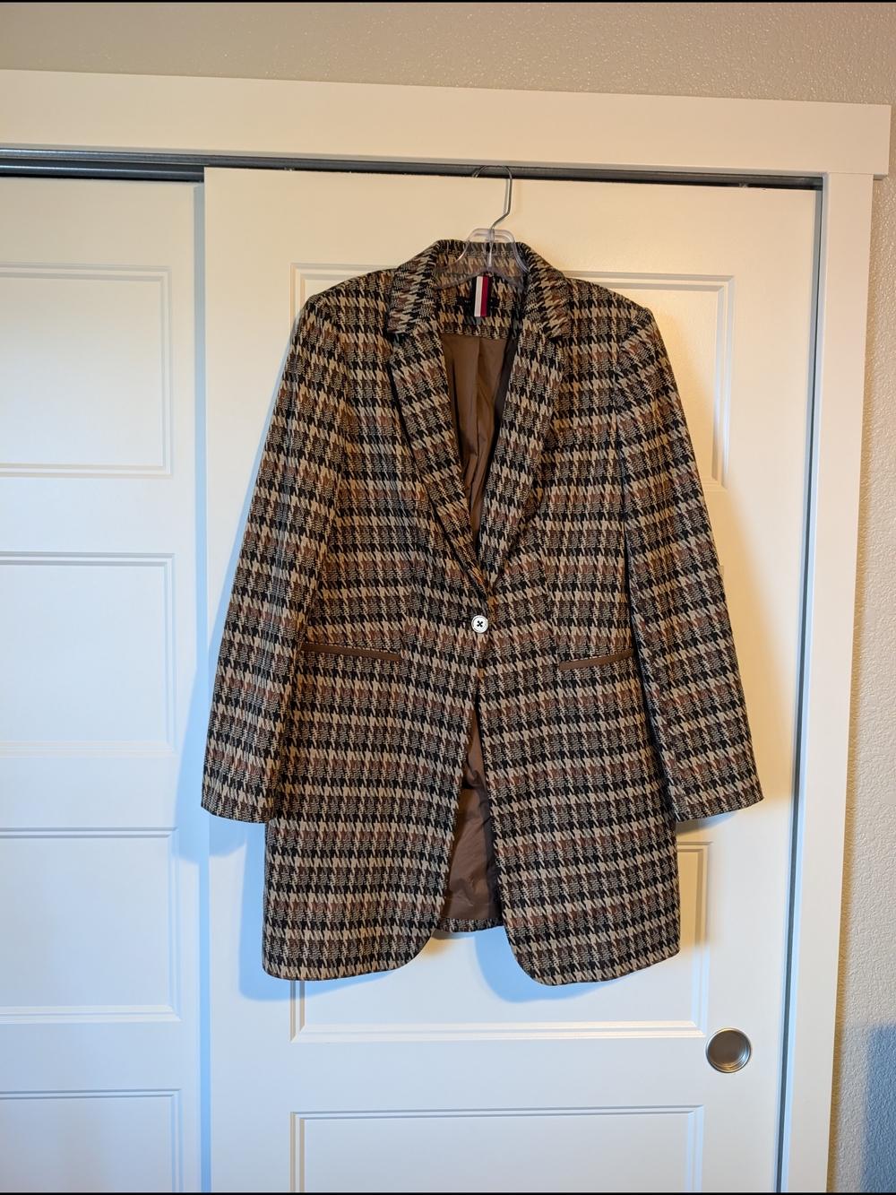 Tommy Hilfiger Brown Multi Houndstooth Wool-Blend Single-Button Blazer